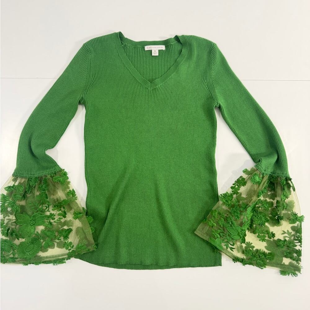 Green‎ Ribbed V Neck Top Sheer Embroidered Bell Sleeve Cottagecore Fairy Boho M